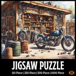 Motorcycle Service Station Jigsaw Puzzle, Motorcycle Lovers Gift, Retro Jigsaw Puzzle, Nostalgic Motorbike Mechanic Puzzle