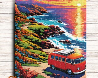 Retro Vanlife Jigsaw Puzzle, Coastal Town Puzzle, Beach Lovers Puzzle Gift, Waterfront Sunset Puzzle, Camper Van Life