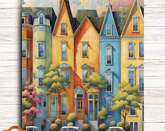 Puzzle lunatique de grandes maisons, puzzle de maisons en rangée colorées, cadeau rétro vintage pour les amateurs d'art, oeuvre d'art de village, 1000/500/250/110 pièces