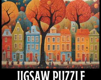 Delightful Neighbors Jigsaw Puzzle, Autumn City Row Houses Puzzle, Retro Folk Art Puzzle, City Lovers Gift, 1000/500/250/110 Piece