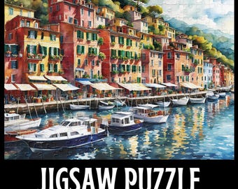 May include: A colorful jigsaw puzzle featuring a coastal town scene with buildings in shades of red, yellow, and orange. White boats are docked in the water. The puzzle includes the text "JIGSAW PUZZLE" and the number of pieces.