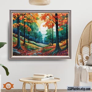 Natures Palette Jigsaw Puzzle features watercolor stained glass mosaic style nature walk through forest rolling hills during autumn. Fall foliage and pine trees line the walkway.