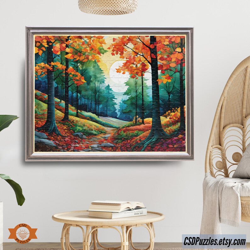 Natures Palette Jigsaw Puzzle features watercolor stained glass mosaic style nature walk through forest rolling hills during autumn. Fall foliage and pine trees line the walkway.
