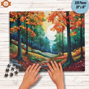 Natures Palette Jigsaw Puzzle features watercolor stained glass mosaic style nature walk through forest rolling hills during autumn. Fall foliage and pine trees line the walkway.