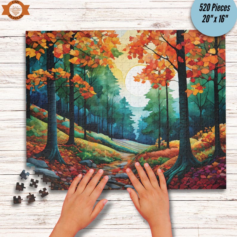 Natures Palette Jigsaw Puzzle features watercolor stained glass mosaic style nature walk through forest rolling hills during autumn. Fall foliage and pine trees line the walkway.