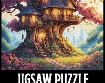 May include: A jigsaw puzzle featuring a whimsical treehouse scene with a stone path leading to the entrance. The treehouse has multiple levels with lit windows and balconies. The tree is surrounded by pink flowers and lush greenery. The text "JIGSAW PUZZLE" is at the bottom.