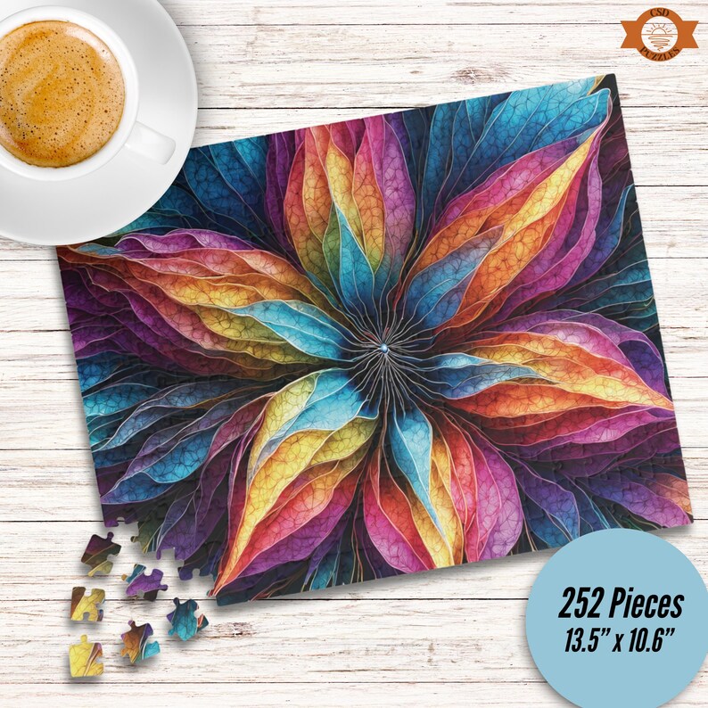 A kaleidoscope of hues, from deep purples to bright oranges, creates a captivating visual experience in this Cosmic Flower Jigsaw Puzzle.
