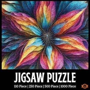 A vibrant explosion of color, layered leaves radiate outward from a central point in this Cosmic Flower Jigsaw Puzzle.