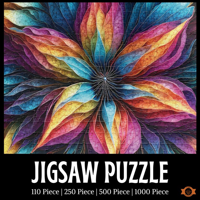 A vibrant explosion of color, layered leaves radiate outward from a central point in this Cosmic Flower Jigsaw Puzzle.