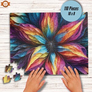 The overlapping leaves create a sense of depth and dimension in the image in this Cosmic Flower Jigsaw Puzzle.