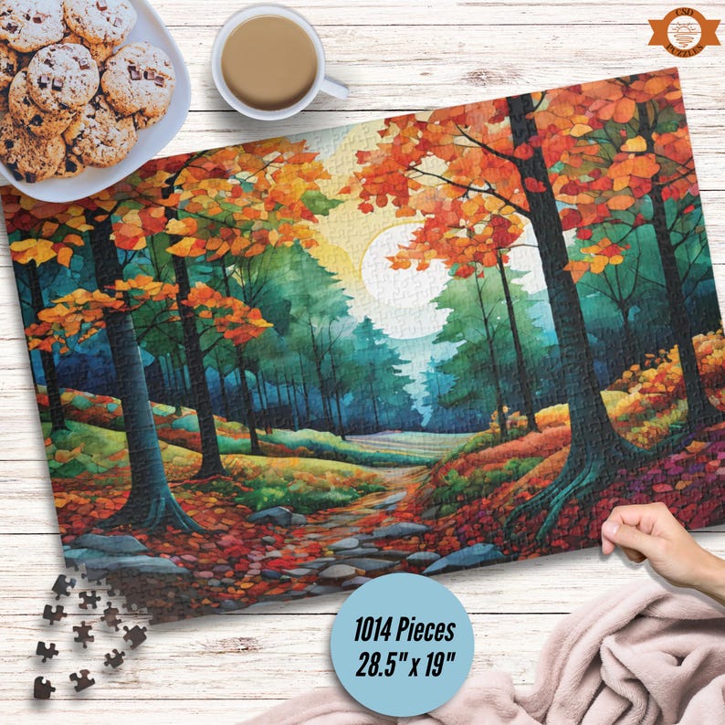 Natures Palette Jigsaw Puzzle features watercolor stained glass mosaic style nature walk through forest rolling hills during autumn. Fall foliage and pine trees line the walkway.