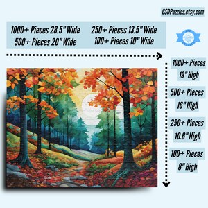 Natures Palette Jigsaw Puzzle features watercolor stained glass mosaic style nature walk through forest rolling hills during autumn. Fall foliage and pine trees line the walkway.