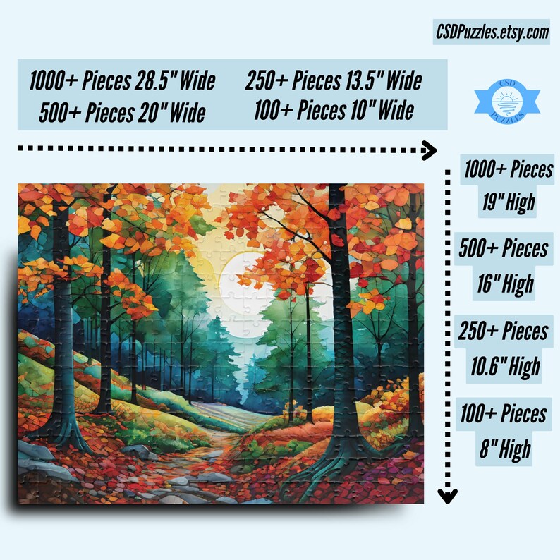 Natures Palette Jigsaw Puzzle features watercolor stained glass mosaic style nature walk through forest rolling hills during autumn. Fall foliage and pine trees line the walkway.