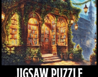 May include: A whimsical illustration of a bookstore with a glowing facade and shelves filled with books. The building is covered in ivy and has a charming, old-world feel. The text "JIGSAW PUZZLE" is displayed at the bottom of the image, along with the available piece counts: 110 Piece, 250 Piece, 500 Piece, and 1000 Piece.