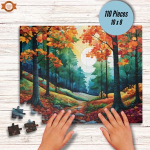 Natures Palette Jigsaw Puzzle features watercolor stained glass mosaic style nature walk through forest rolling hills during autumn. Fall foliage and pine trees line the walkway.