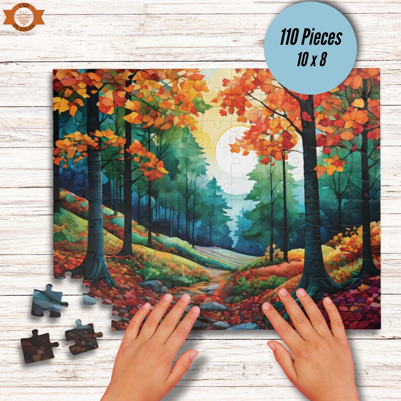 Natures Palette Jigsaw Puzzle features watercolor stained glass mosaic style nature walk through forest rolling hills during autumn. Fall foliage and pine trees line the walkway.