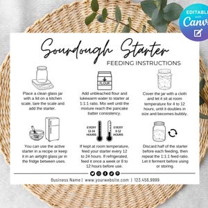 May include: A white card with black text and illustrations detailing sourdough starter feeding instructions. The card includes steps for mixing, storing, and using the starter, with a section for room temperature and refrigerated storage. The text includes "Sourdough Starter" and "Feeding Instructions".