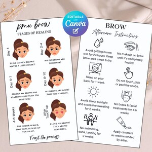 PMU Brow Aftercare Card, Editable PMU Brow Aftercare Template, Permanent Makeup Brow Healing Stage Instructional Care Card, Printable