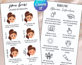 PMU Brow Aftercare Card, Editable PMU Brow Aftercare Template, Permanent Makeup Brow Healing Stage Instructional Care Card, Printable