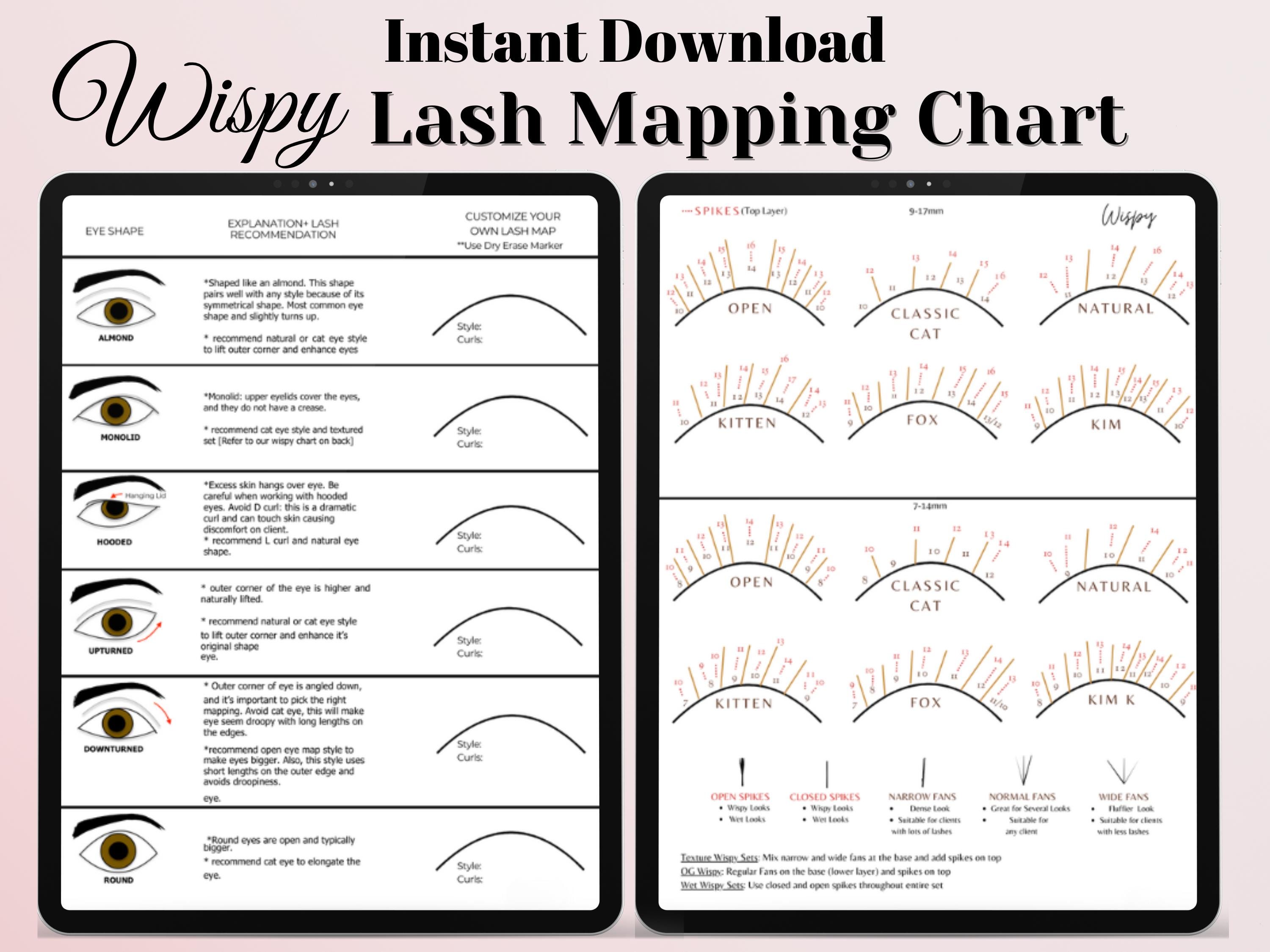 Wispy Lash Mapping Practice Chart for Beginners Lash Training Kit Eyelash Extension Curl and Diameter Style Sheet