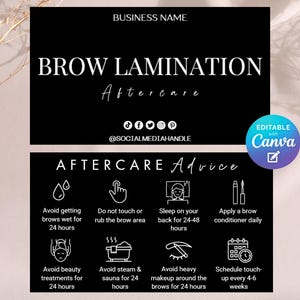Brow Lamination Aftercare Card Template Design, Brow Lamination Post Care Instruction, Black White Modern Simple Design