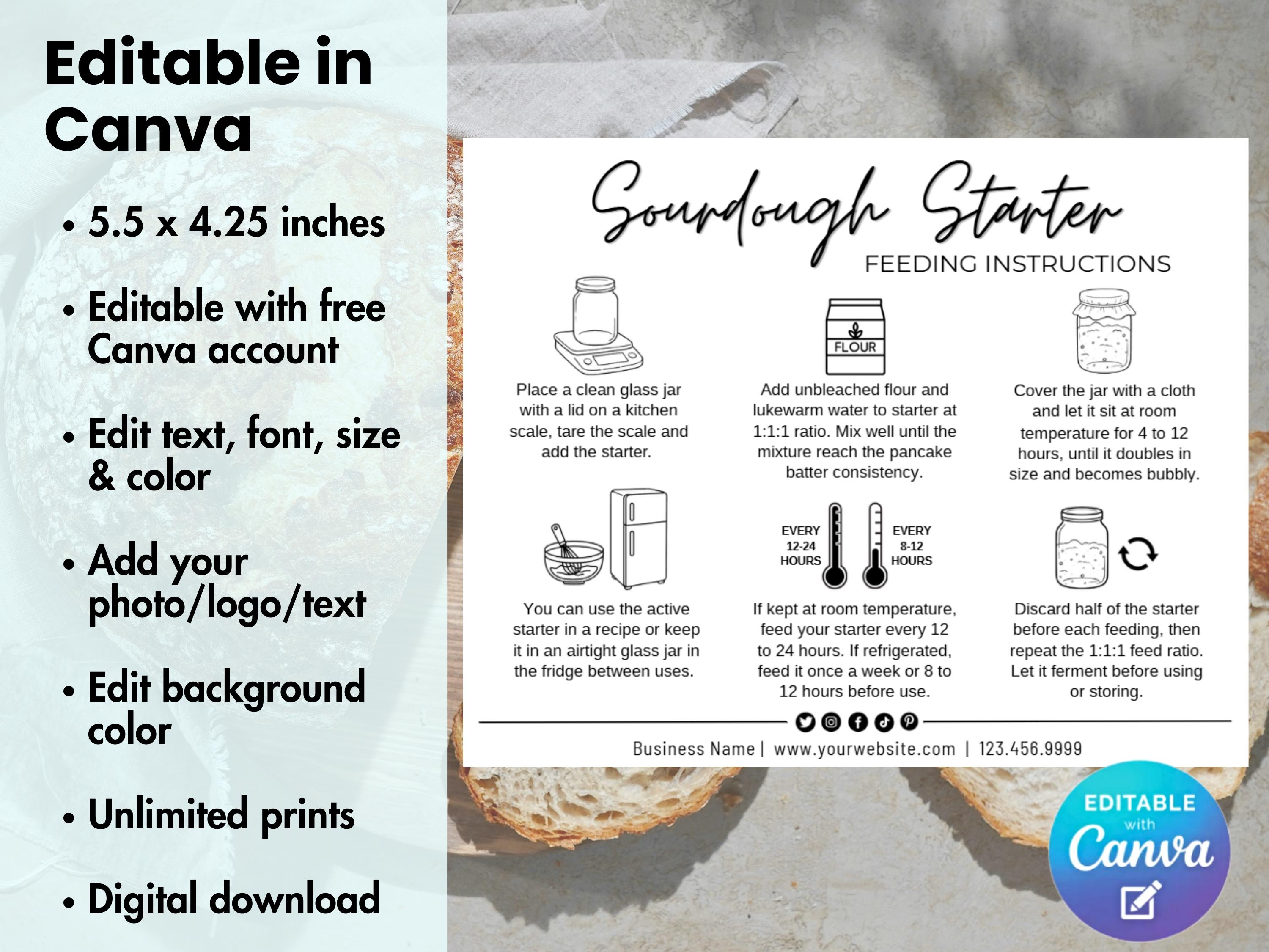 Starter Labels Sourdough Starter Care Instructions Card, Editable Template, Sourdough ...