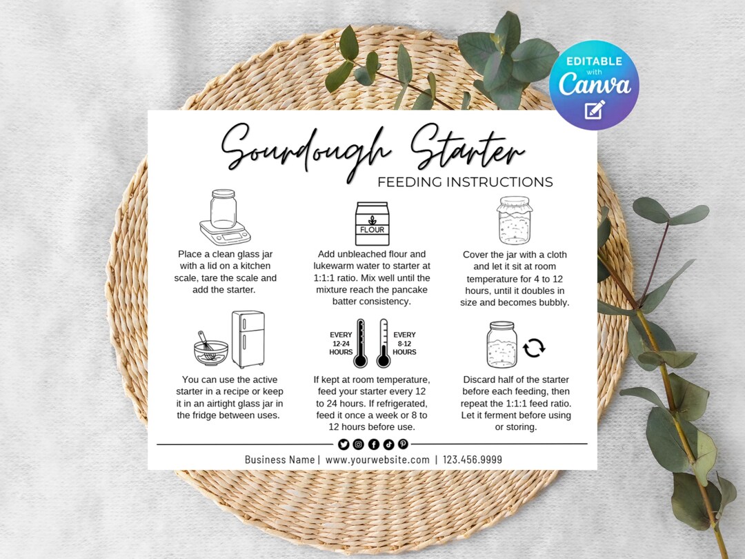 Starter Labels Sourdough Starter Care Instructions Card, Editable Template, Sourdough ...