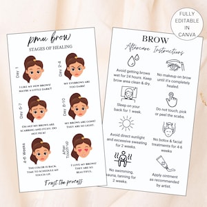 Tarjeta de cuidado posterior de cejas con maquillaje permanente, plantilla editable de cuidado posterior de cejas con maquillaje permanente, tarjeta instructiva para la etapa de curación de cejas, imprimible