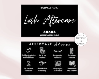 Lash Aftercare Template Editable Lash Extension Business Aftercare Card, Eyelash extension Aftercare Card, Black modern Design