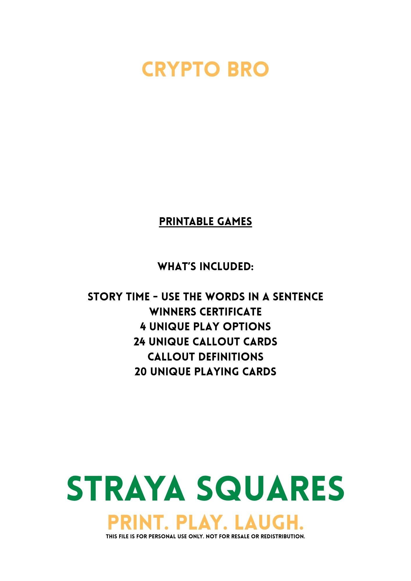 Crypto Bro Games – Printable Party Game | Instant Download | Straya Squares