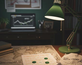 May include: A dimly lit desk scene with a green desk lamp, a laptop displaying a graph, and a map. A game board labeled "Conspiracy Theory" with green game pieces and a magnifying glass are on the desk. A corkboard and bookshelf are in the background.