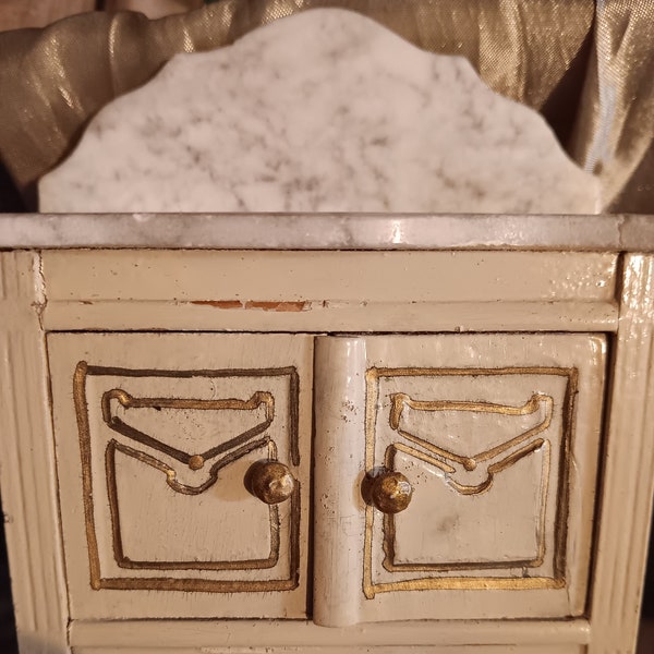 Antique Schneegas Marble topped miniature washbasin, painted white and gold.