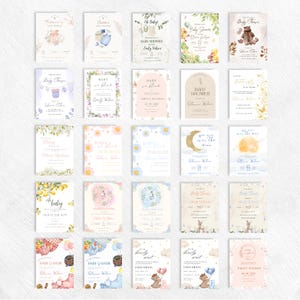 May include: A collection of baby shower invitations with various designs. The cards feature floral, teddy bear, and moon graphics, with text such as "Baby Shower" and names like "Olivia Wilson" and "Emily Wilson". The color palette includes soft pastels.