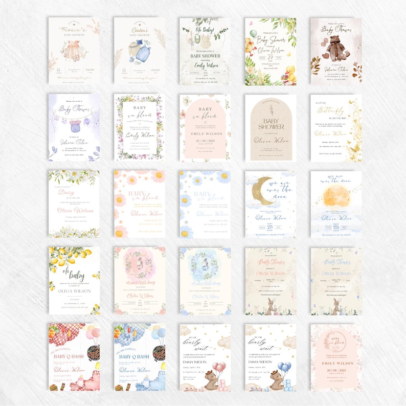 May include: A collection of baby shower invitations with various designs. The cards feature floral, teddy bear, and moon graphics, with text such as "Baby Shower" and names like "Olivia Wilson" and "Emily Wilson". The color palette includes soft pastels.