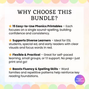 May include: A white background with pastel-colored circles at the top and bottom. The text reads "WHY CHOOSE THIS BUNDLE?" followed by bullet points describing the features of the phonics printables, including support for diverse learners and boosting fluency.