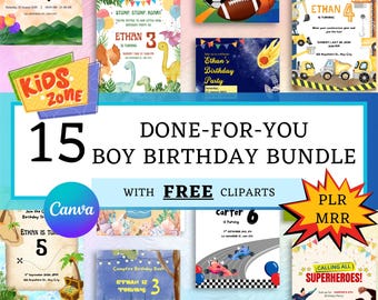 Boys Birthday Invitation Template Bundle: 15 Editable Canva Designs (PLR/MRR)