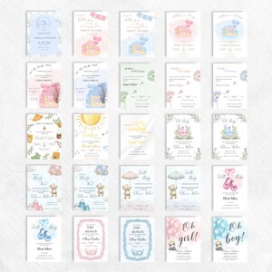 May include: A collection of baby shower invitations with various designs. The cards feature soft pastel colors, teddy bears, balloons, and floral elements. Some cards include text like "Oh Baby", "Baby Shower", and names.