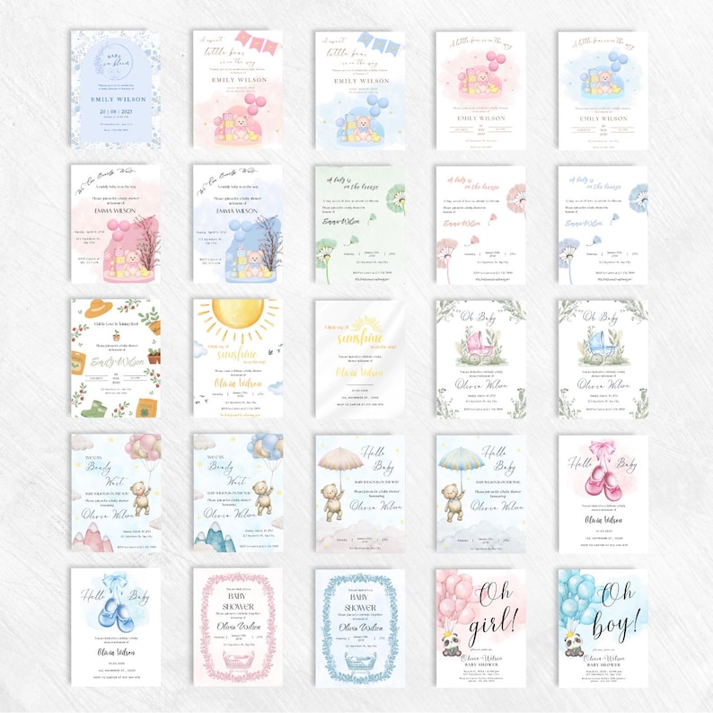 May include: A collection of baby shower invitations with various designs. The cards feature soft pastel colors, teddy bears, balloons, and floral elements. Some cards include text like "Oh Baby", "Baby Shower", and names.