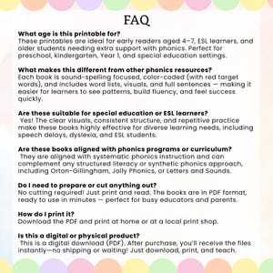 May include: A digital FAQ sheet with the title "FAQ" in a colorful, pastel-themed design. The text explains the printable's target age range, features, and suitability for special education and ESL learners. It also details printing instructions.
