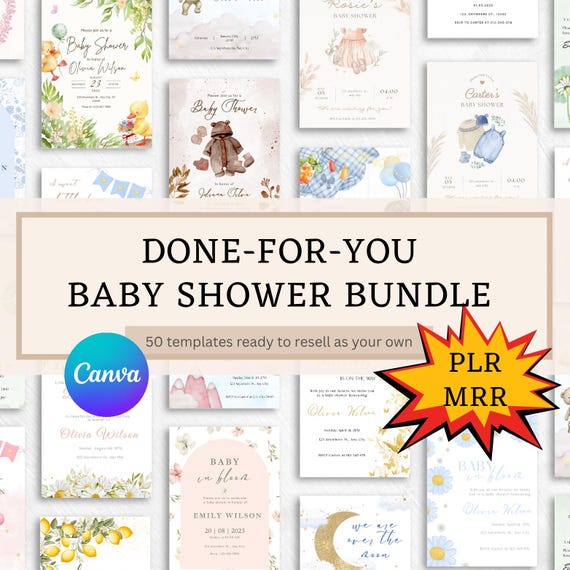 Editable Baby Shower Invitation Templates: Canva PLR Bundle (Digital Download, 50 Designs)