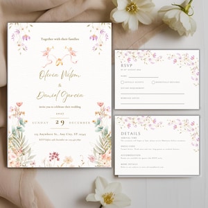 Floral Blush Hochzeitseinladung, Mi einladen, Mi Einladung, Boho Blumenhochzeitseinladung, anpassbare Einladungsvorlage, Detailkarte
