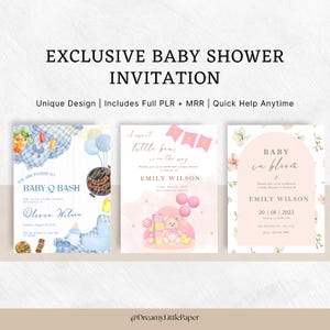 May include: A collection of baby shower invitations with watercolor illustrations. The invitations feature text such as "Exclusive Baby Shower Invitation" and "Baby Q Bash". Designs include balloons, teddy bears, and floral elements.