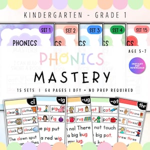 Könnte beinhalten: Lehrmaterialien zur Phonetik für Kindergarten- und Grundschüler. Das Bild zeigt farbenfrohe Sets mit Wörtern und Illustrationen, darunter "Phonics Mastery" und "Sofort-PDF-Download". Geeignet für Kinder im Alter von 5-7 Jahren.