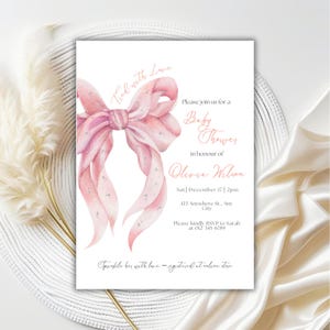Pink Bow and Pearls Baby Shower Invite, Pink Bow Baby Shower Invite, Bows and Pearls Baby Shower Invitation, Coquette Bow Girl Baby Shower
