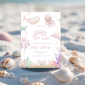 May include: A baby shower invitation with an "Under The Sea" theme. The invitation features watercolor illustrations of marine life, including a whale, jellyfish, octopus, and dolphin. The invitation text includes the name "Emily Watson" and event details.