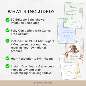May include: Digital baby shower invitation templates. The image shows several invitation designs with floral and teddy bear themes. The text highlights features like Canva compatibility, PLR/MRR rights, high-resolution, and instant download.