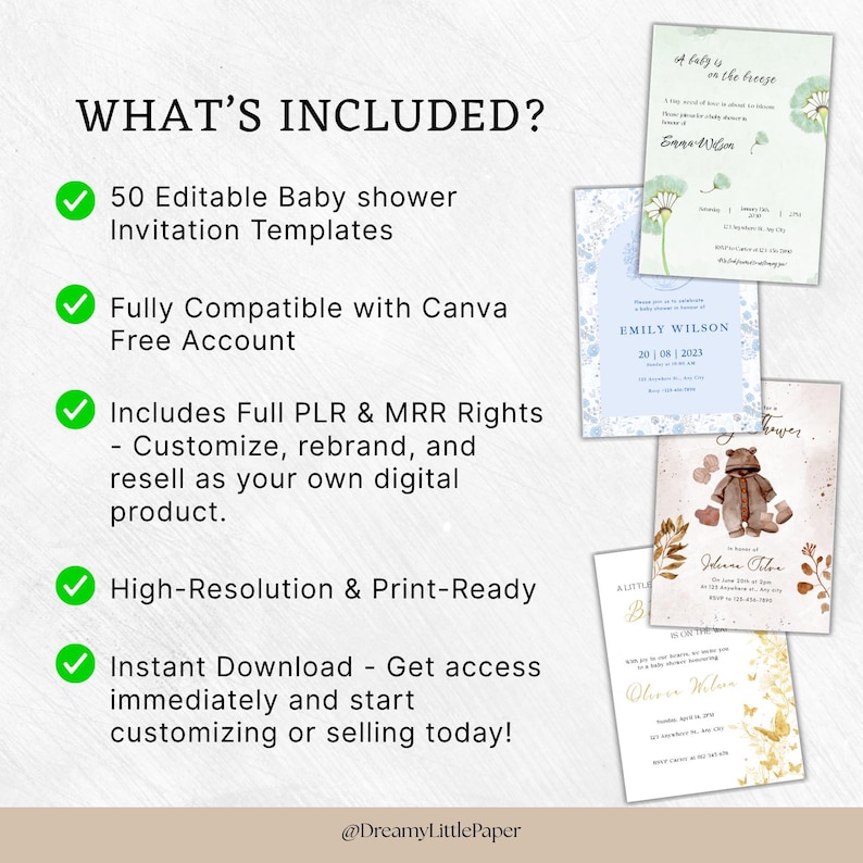 May include: Digital baby shower invitation templates. The image shows several invitation designs with floral and teddy bear themes. The text highlights features like Canva compatibility, PLR/MRR rights, high-resolution, and instant download.