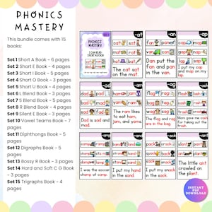 May include: A phonics learning bundle with 15 books, featuring colorful flashcards with words and images. The set includes books on short vowels, blends, digraphs, and more, designed for early readers. The text "PHONICS MASTERY" is at the top.