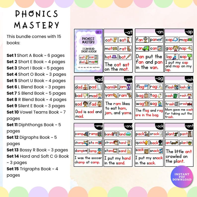 May include: A phonics learning bundle with 15 books, featuring colorful flashcards with words and images. The set includes books on short vowels, blends, digraphs, and more, designed for early readers. The text "PHONICS MASTERY" is at the top.