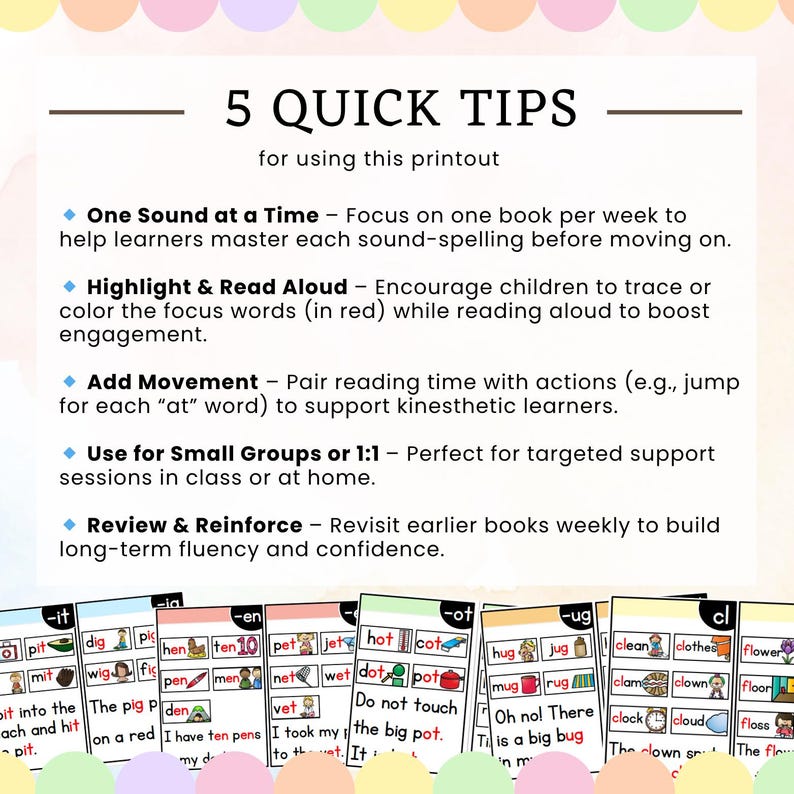 May include: A colorful educational printout with the title "5 Quick Tips" and bullet points offering guidance on teaching reading. The printout includes examples of words and phrases for learning. The background is a soft, pastel color.
